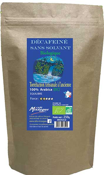 Café en grain arabica Bio Décaféiné sans solvant 250g est un Café grain  arabica Décaféiné s�lectionn� par Caf� Miss�gue