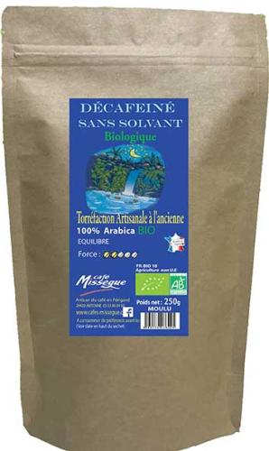 sachet 250g café arabica bio décaféiné sans solvalnt